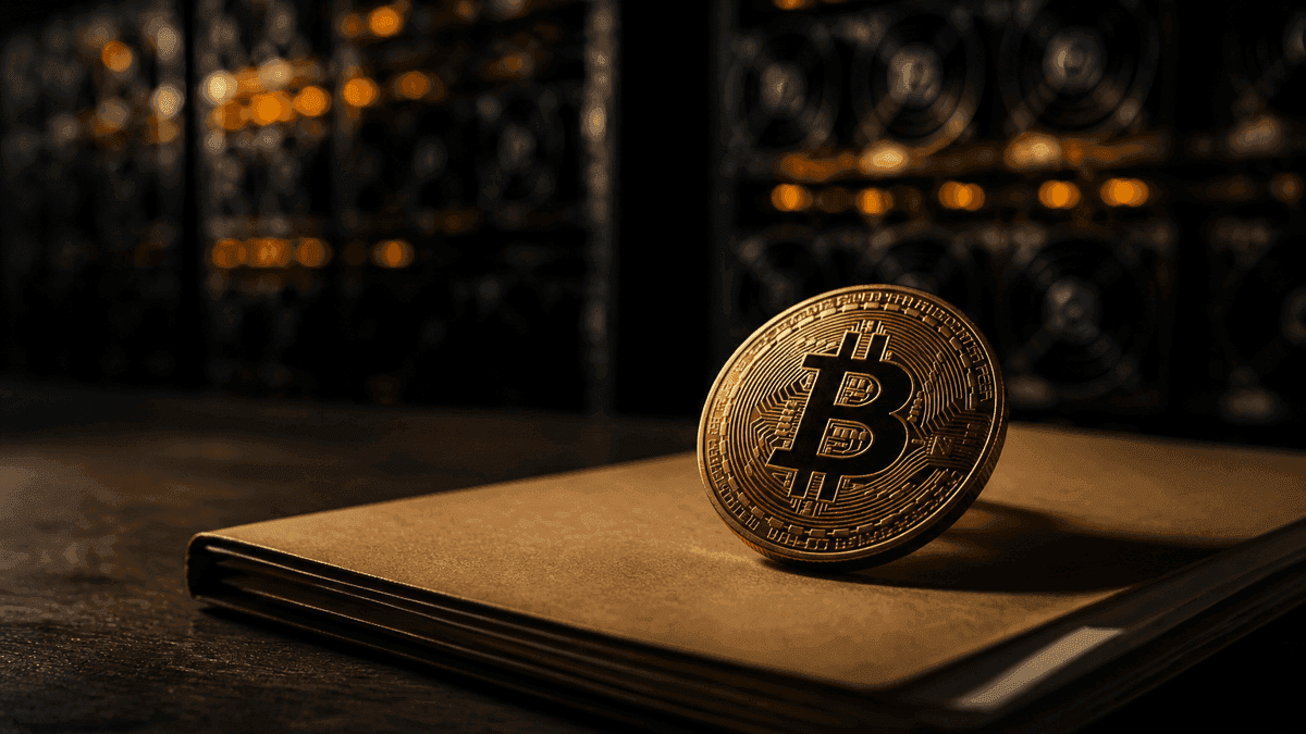 Goldene Münze mit eingeprägtem Bitcoin-Symbol auf einer geschlossenen braunen Aktenmappe, dahinter unscharf eine Reihe glühender Rechnergehäuse mit Lüfterrastern
