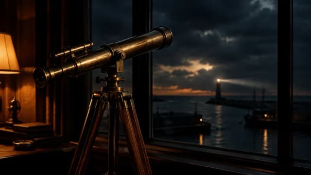 Messingfernrohr auf Holzstativ vor einem dunklen Fenster, draußen ein Hafen in der Dämmerung mit Leuchtturm