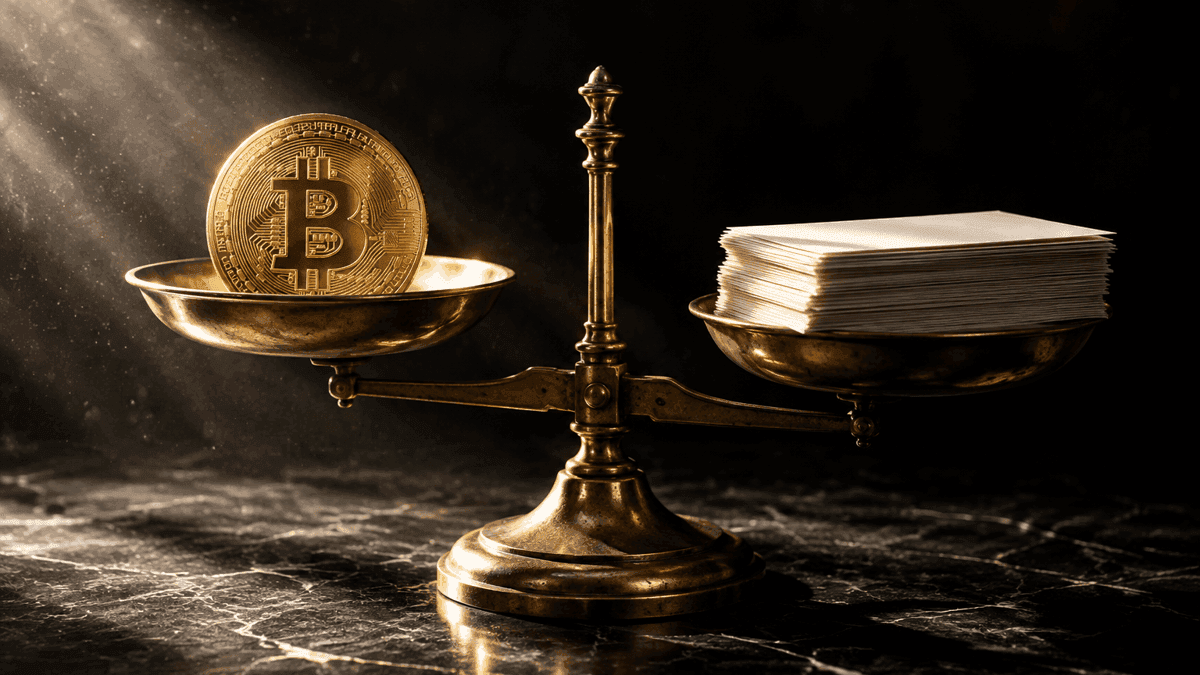 Antike Messingwaage auf dunklem Marmor, links eine goldene Münze mit Bitcoin-Zeichen, rechts ein Stapel leerer Papierbögen