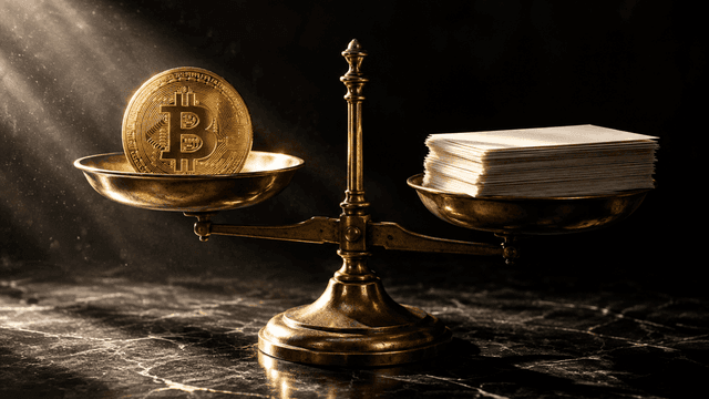 Antike Messingwaage auf dunklem Marmor, links eine goldene Münze mit Bitcoin-Zeichen, rechts ein Stapel leerer Papierbögen