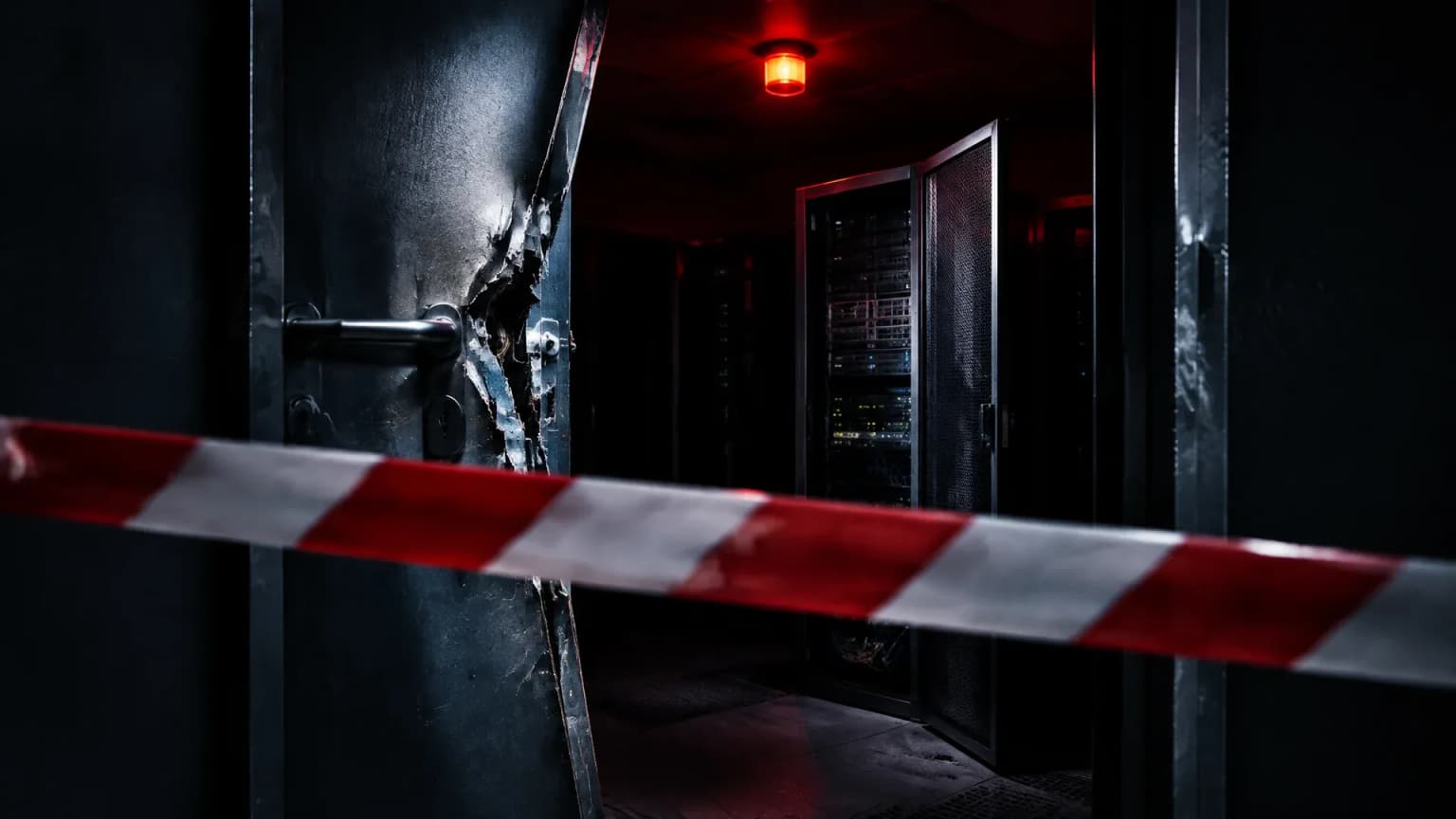 Rot-weißes Absperrband vor einer aufgebrochenen Stahltür, dahinter ein dunkler Serverraum mit offener Rack-Tür und rotem Warnlicht