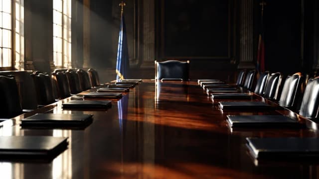 Langer polierter Konferenztisch in einem monumentalen Regierungssaal, an jedem Platz eine geschlossene Aktenmappe, am Kopfende ein leerer Stuhl im harten Morgenlicht
