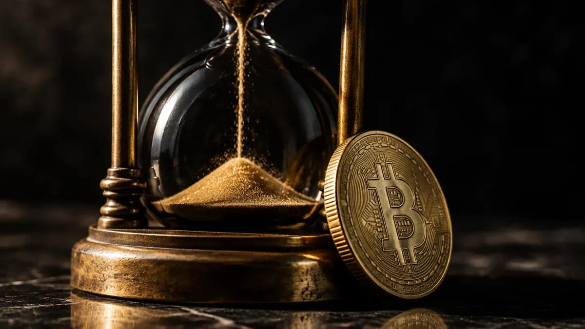 Messing-Sanduhr mit rinnendem Sand auf Steinplatte, daneben eine aufrecht stehende Muenze mit eingepraegtem Bitcoin-Zeichen