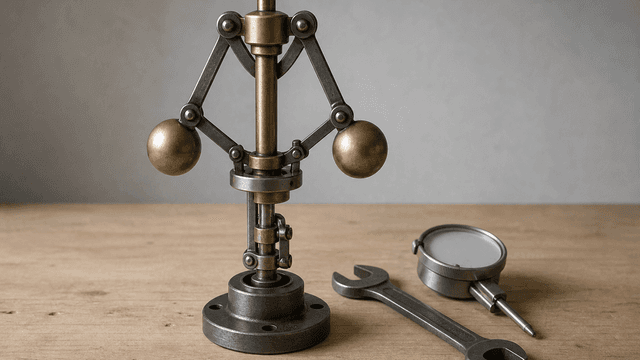 Mechanischer Fliehkraftregler aus Messing und Stahl auf einer Werkbank, daneben ein Gabelschluessel und eine Messuhr