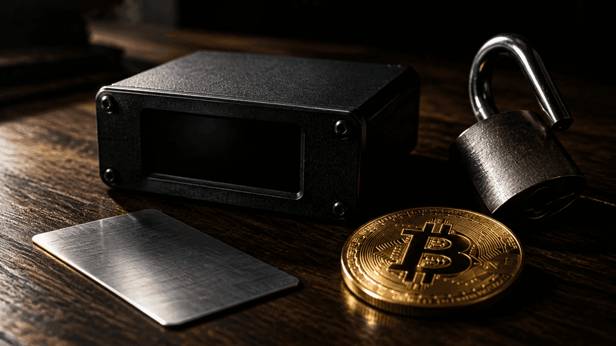 Kompaktes schwarzes Verwahrgerät mit leerem Display neben geöffnetem Vorhängeschloss, Stahlplättchen und goldener Münze mit Bitcoin-Zeichen auf dunkler Eiche