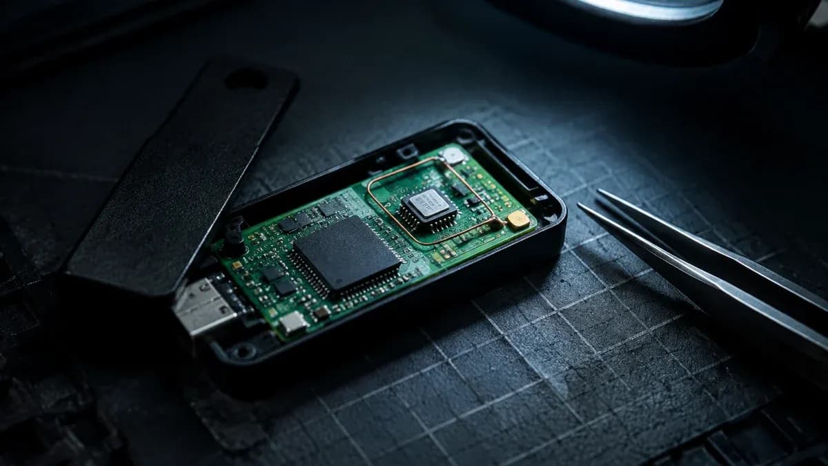 Hardware wallet ouvert avec une petite puce supplémentaire et un fin fil d'antenne sur le circuit imprimé