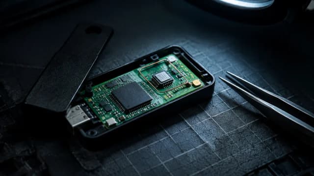 Geöffnete Hardware Wallet mit einem zusätzlichen kleinen Chip und dünnem Antennendraht auf der Platine