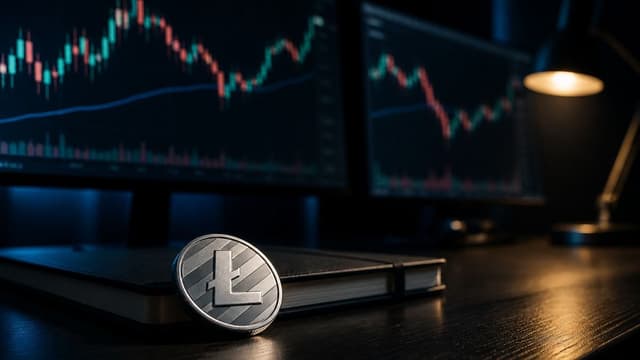 Silberne Litecoin-Muenze auf einem Handelsplatz vor zwei Bildschirmen mit fallenden Kerzencharts
