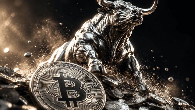 Silberner Stier stemmt sich aus einem Huegel schwerer Silbermuenzen empor, davor eine grosse Muenze mit eingepraegtem Bitcoin-Zeichen
