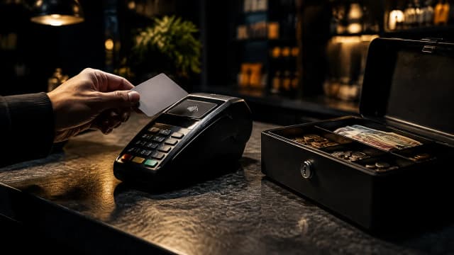 Hand hält eine Karte ohne Aufdruck an ein Kartenterminal auf dem Steintresen eines nachts beleuchteten Ladengeschäfts, daneben eine offene Geldkassette