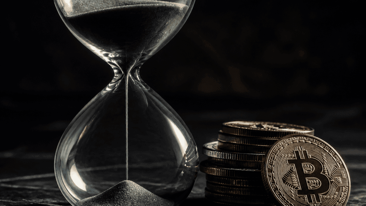 Glass hourglass with its sand almost run through, next to a stack of heavy metal coins on a dark stone table
