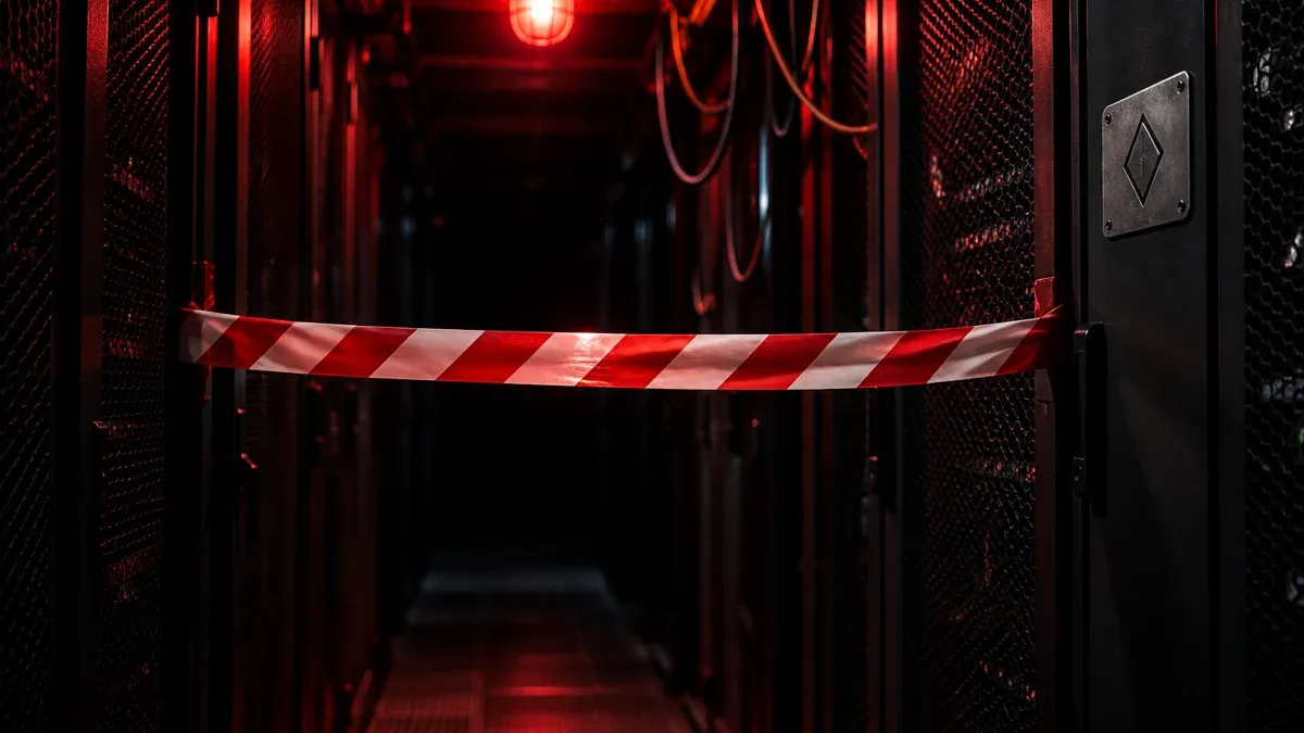 Rot-weißes Absperrband quer durch einen abgedunkelten Servergang, darüber eine einzelne rote Warnleuchte, rechts ein Metallschild mit eingraviertem rautenförmigem Symbol