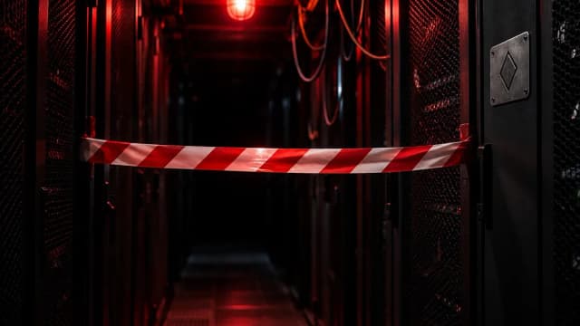 Rot-weißes Absperrband quer durch einen abgedunkelten Servergang, darüber eine einzelne rote Warnleuchte, rechts ein Metallschild mit eingraviertem rautenförmigem Symbol