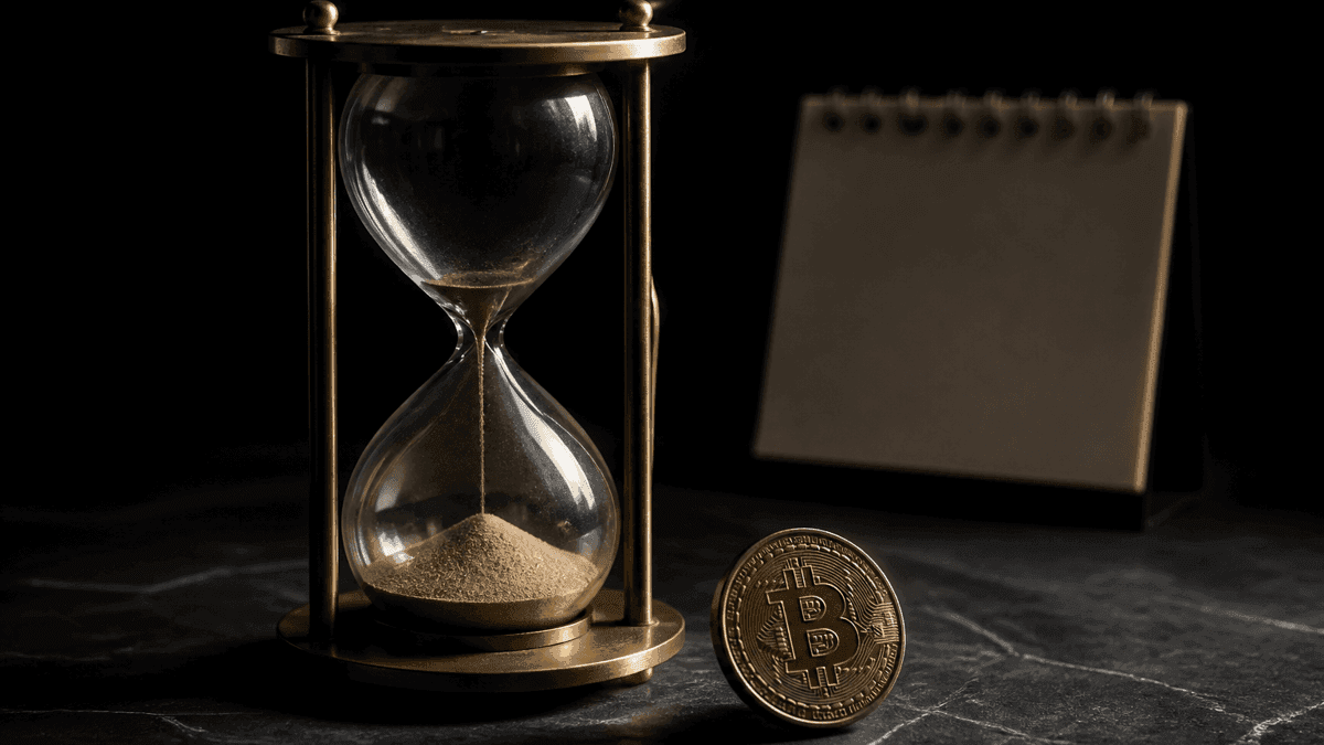Fast durchgelaufene Sanduhr neben einer Bitcoin-Münze auf dunklem Stein