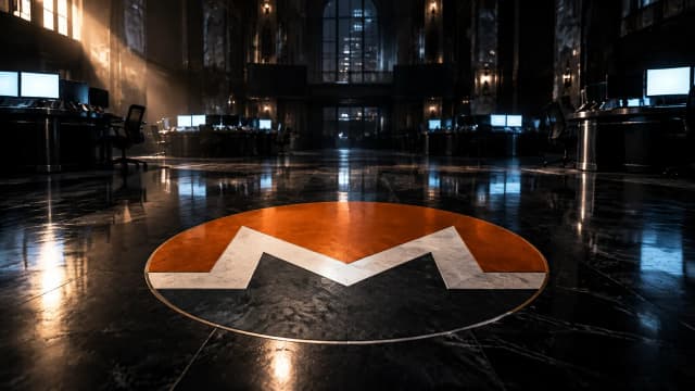 Große Bodenintarsie mit dem Monero-Zeichen aus Kupfer und hellem Stein im polierten Boden eines leeren nächtlichen Handelssaals