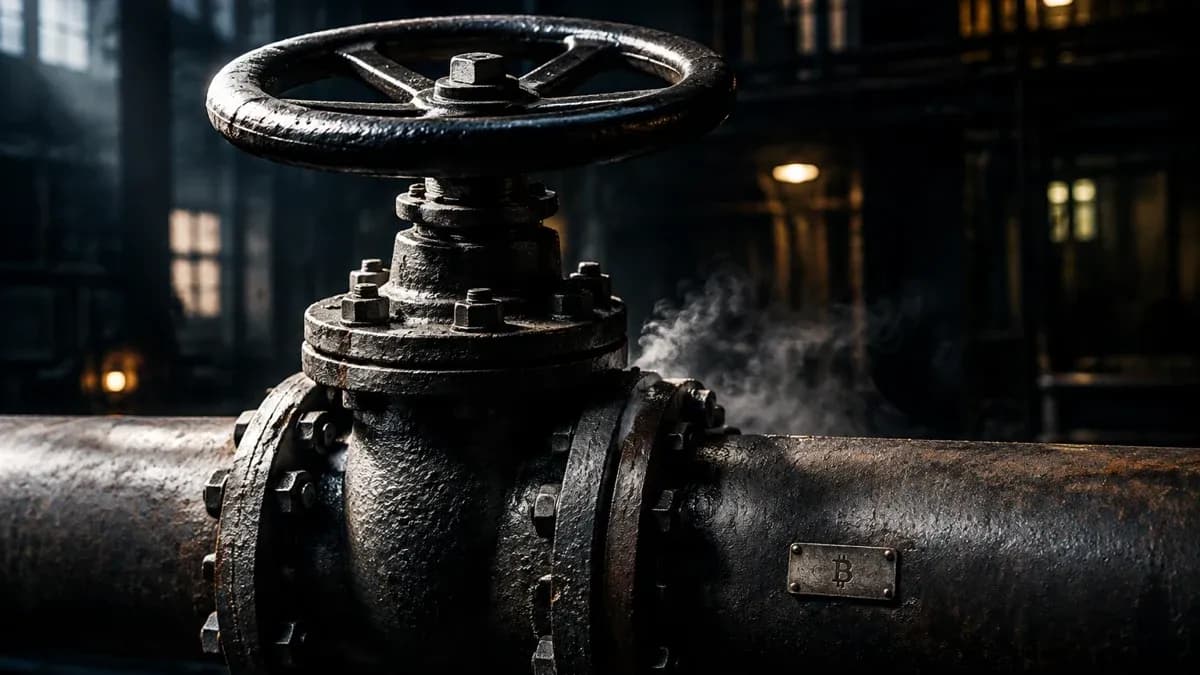 Zugedrehtes industrielles Absperrventil mit schwerem Handrad auf einer Stahlrohrleitung, nur noch ein feiner Dampfschleier entweicht am Flansch