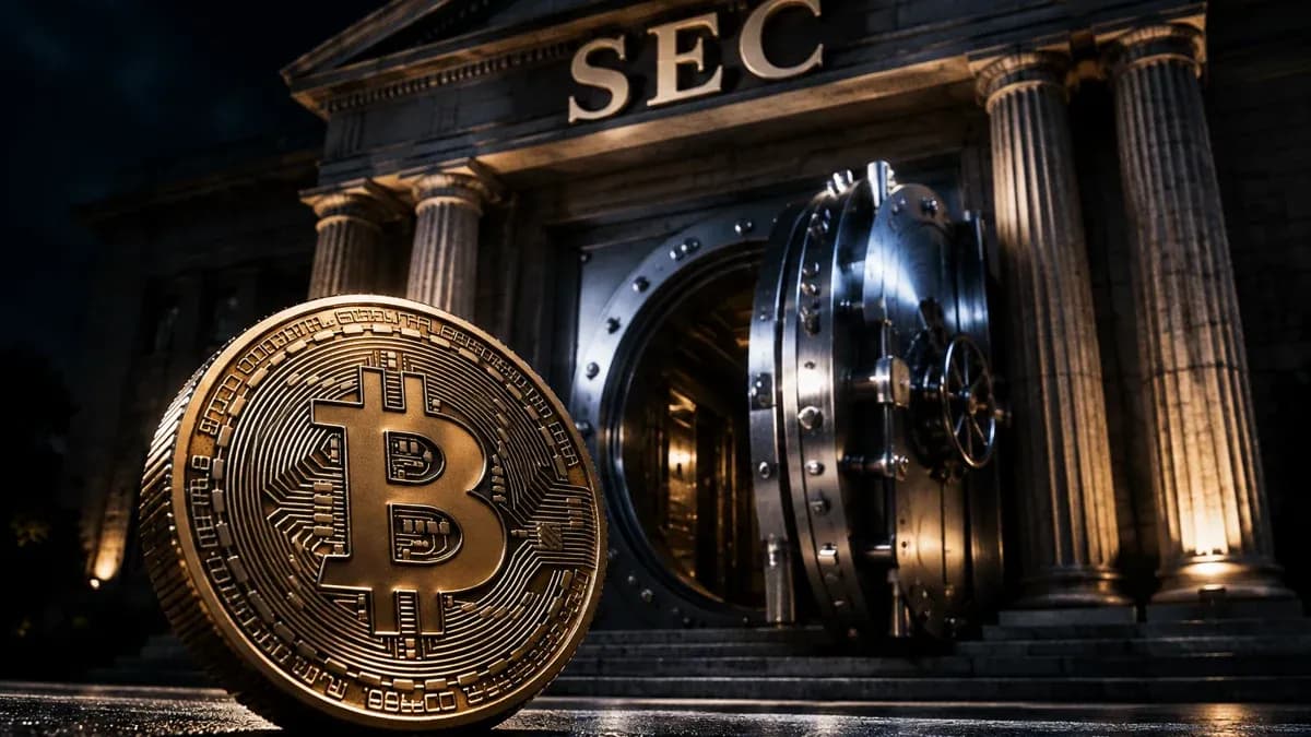 Naechtliches Saeulenportal eines klassizistischen Behoerdengebaeudes mit dem Wort SEC im Giebel, davor ein halb geoeffnetes staehlernes Tresortor und im Vordergrund eine grosse Goldmuenze mit Bitcoin-Zeichen