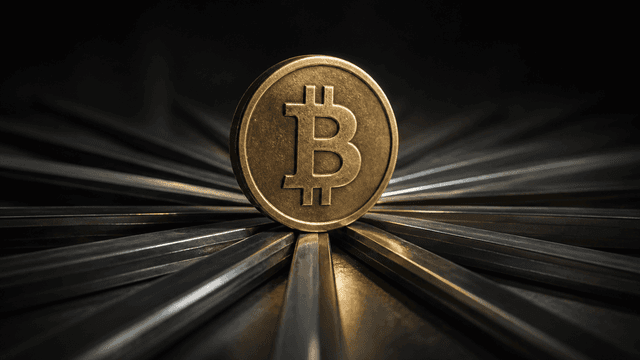 Massive Messingmünze mit Bitcoin-Zeichen im Schnittpunkt vieler sternförmig zulaufender Stahlschienen