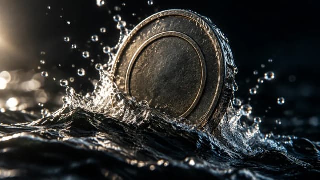 Schwere Metallmünze mit eingeprägtem Ringmotiv bricht im Gegenlicht durch eine steigende dunkle Wasseroberfläche, Gischt und Tropfen ringsum