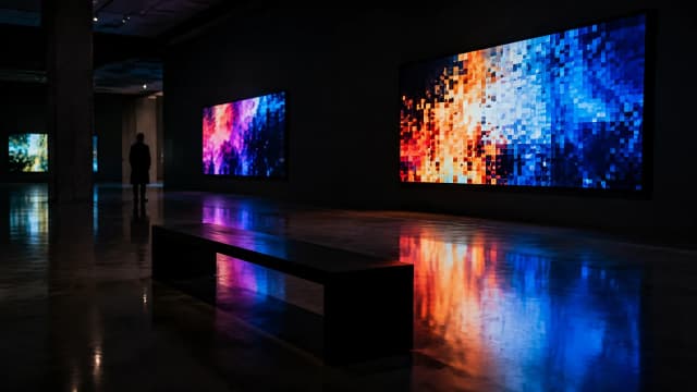 Leere Galerie mit großen Bildschirmen, auf denen digitale Pixelkunst läuft