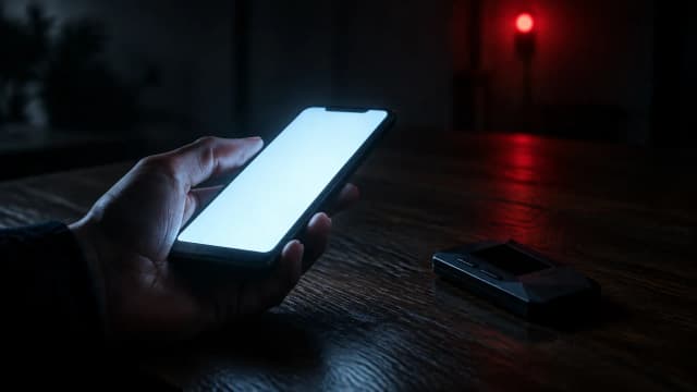 Eine Hand hält im Dunkeln ein Smartphone mit hell leuchtendem, leerem Display; daneben liegt eine markenlose Hardware-Wallet auf einem Holztisch, im Hintergrund ein rotes Warnlicht