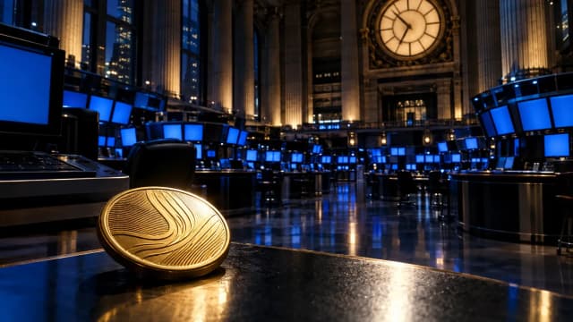 Ein leerer Börsensaal bei Nacht mit leuchtenden Bildschirmen und einer großen Uhr ohne Ziffern, vorne eine Goldmünze