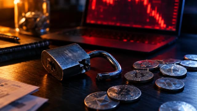 Broken padlock and scattered unmarked coins under red light