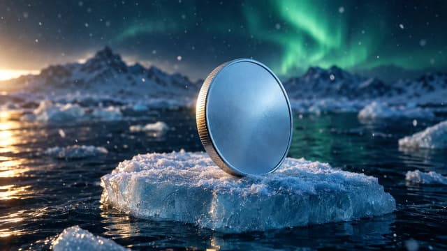 Unmarked pale blue coin standing on an ice floe in dark arctic water