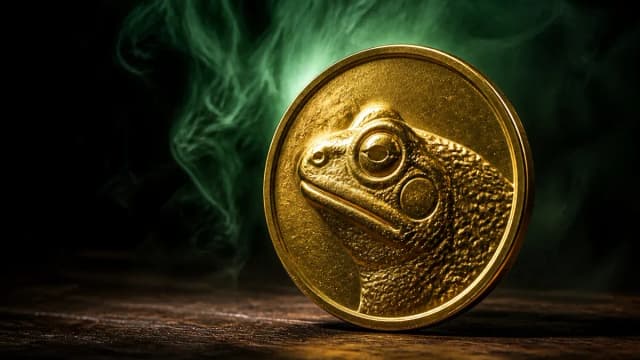 Goldene Münze mit eingeprägtem Froschkopf auf dunklem Holztisch