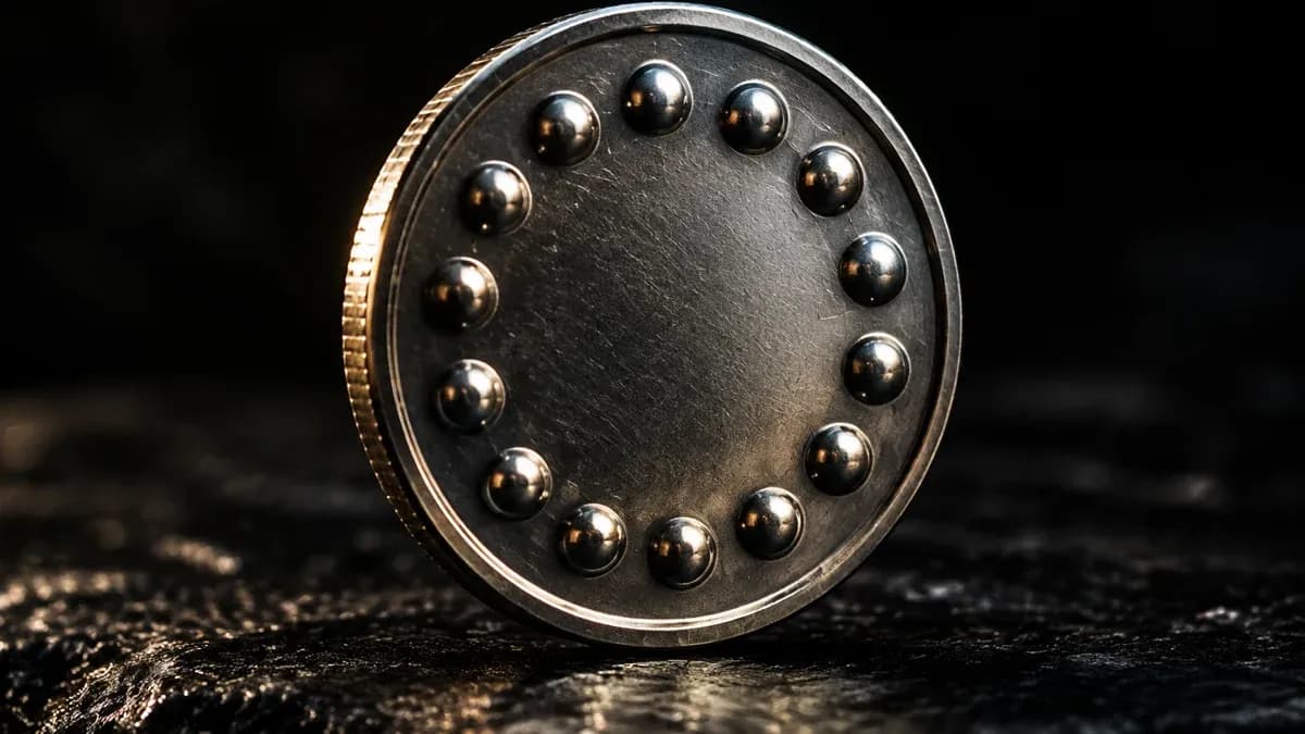 Aufrecht stehende Metallmünze auf dunklem Stein mit eingeprägtem Ring aus dreizehn Halbkugeln, Sinnbild für Polkadot und den DOT-Kurs