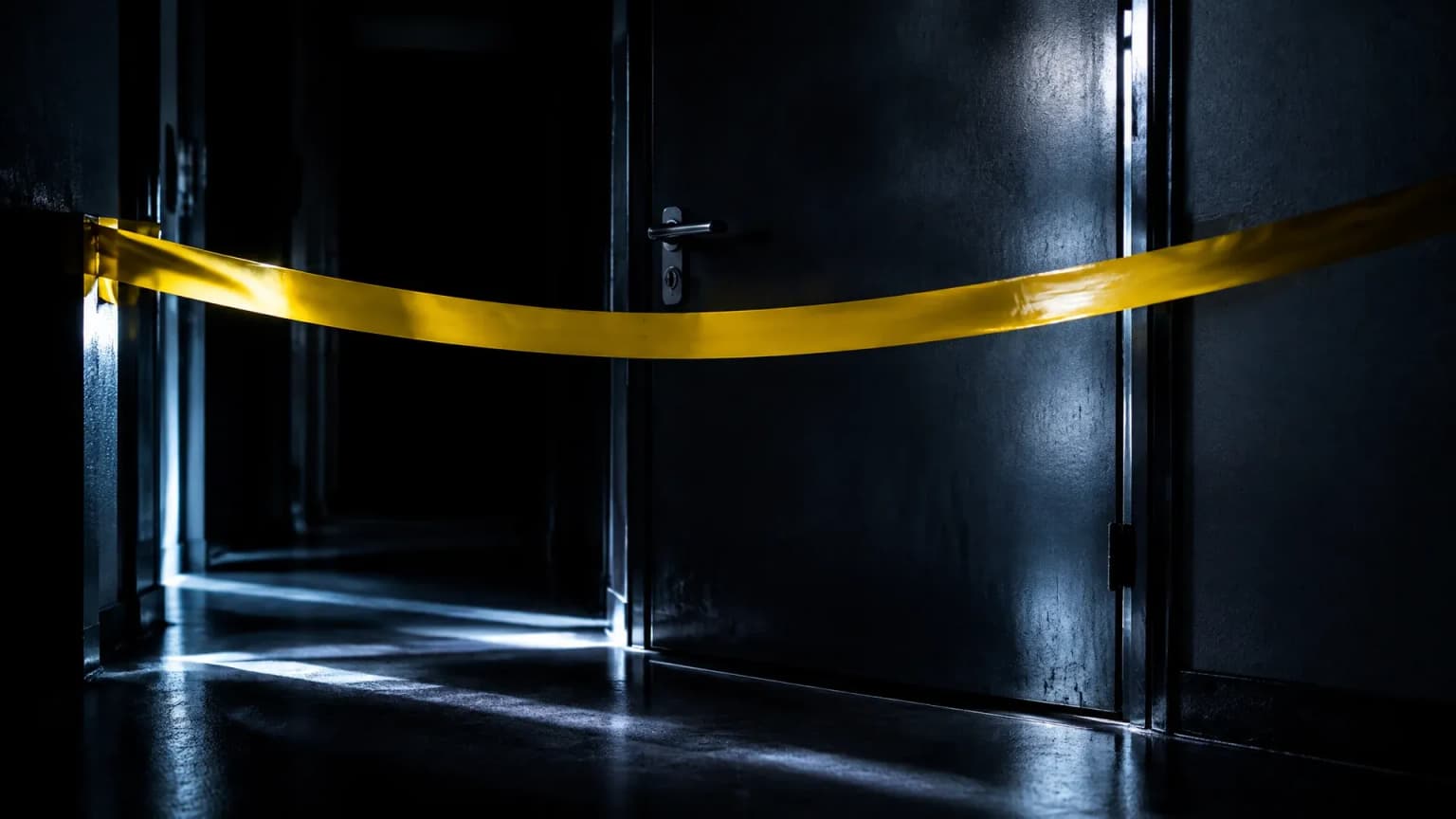 Gelbes Absperrband vor einer geschlossenen Metalltür in einem dunklen Bürogebäudeflur bei Nacht