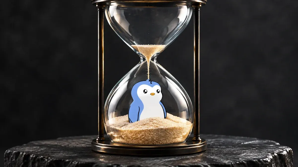 Gläserne Sanduhr auf dunklem Stein, im unteren Glaskolben sitzt das PENGU-Zeichen im fast durchgelaufenen Sand