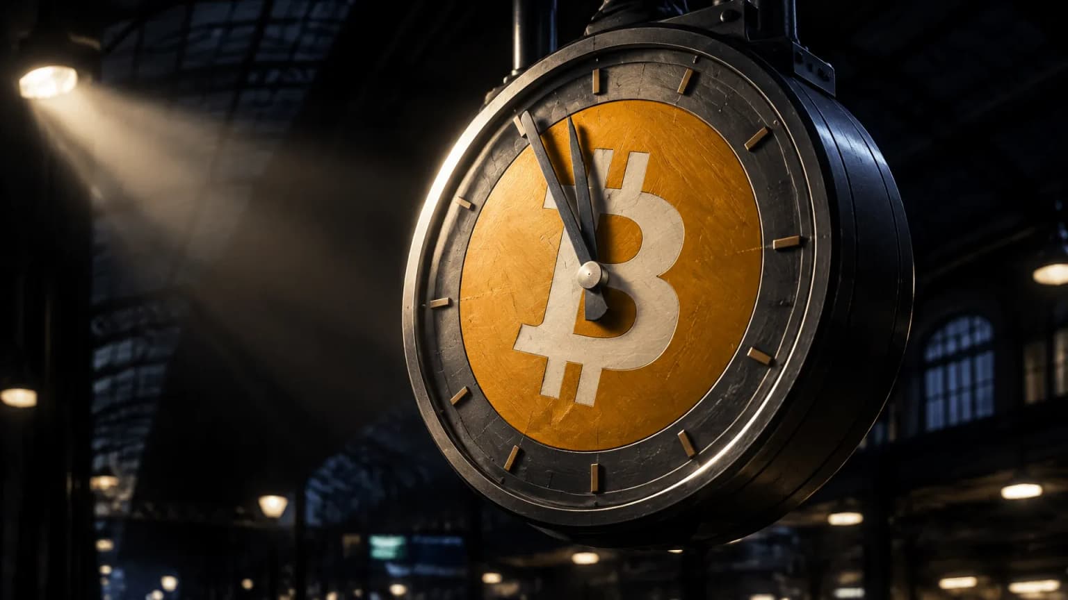 Grosse Bahnhofsuhr ohne Ziffern in einer naechtlichen Halle, in den Metallring ist das Bitcoin-Zeichen eingraviert