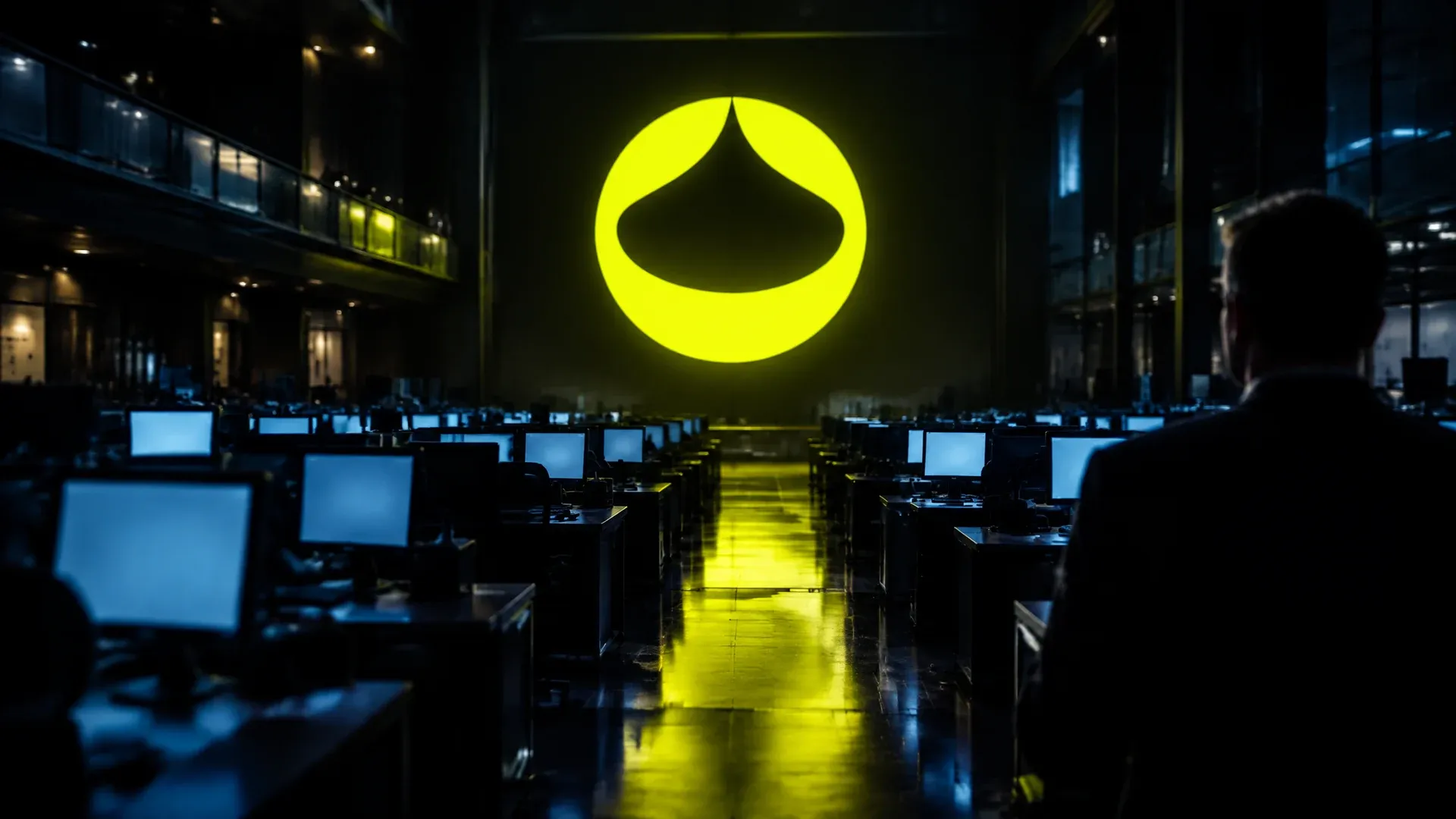 Nachts fast leerer Handelssaal einer Börse mit dem RAIN-Zeichen als großes Neonzeichen an der Rückwand