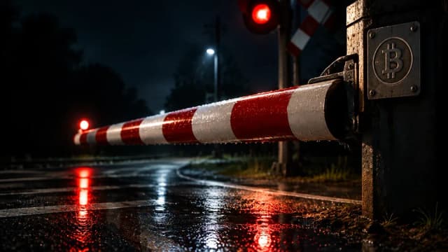 Ein gestreifter Schrankenbaum senkt sich an einem nächtlichen Bahnübergang kurz über den nassen Asphalt, am Pfosten ein Metallschild mit eingraviertem Bitcoin-Symbol