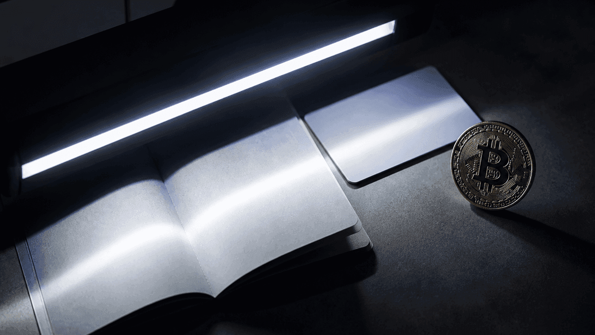 Ein aufgeschlagener Reisepass und eine leere Ausweiskarte liegen unter dem Lichtbalken eines Dokumentenscanners, daneben eine Münze mit Bitcoin-Zeichen
