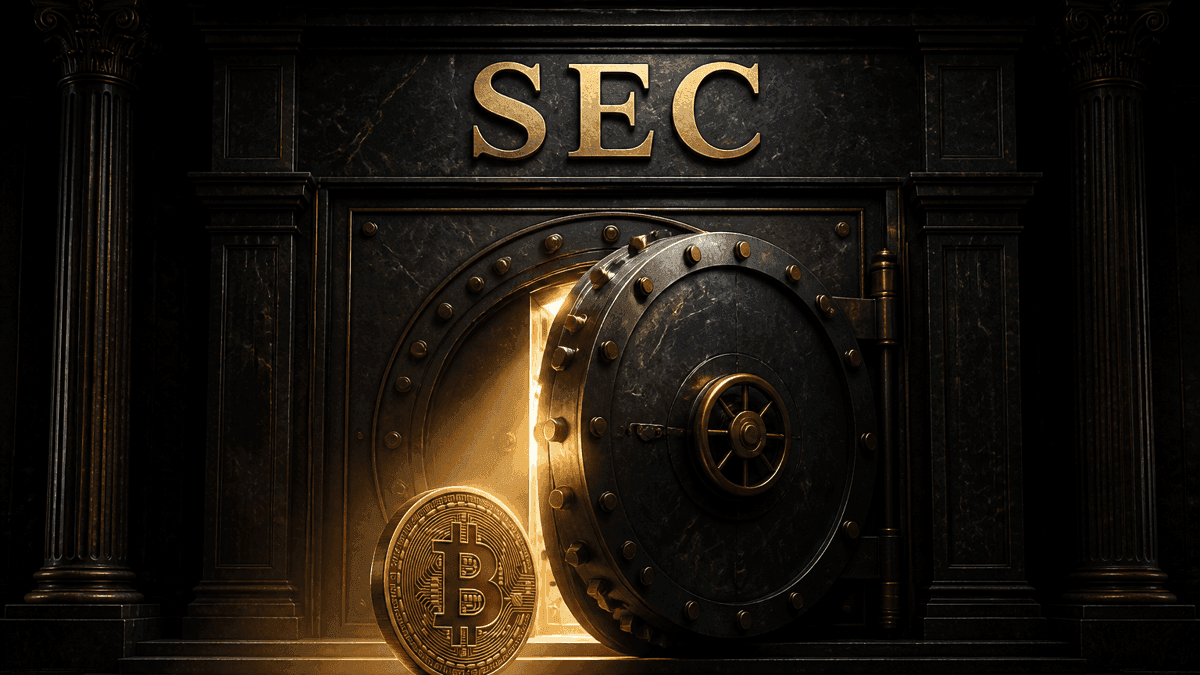 A half-open vault door of steel and brass in a dark marble hall, in front of it a coin bearing the Bitcoin symbol, above the door the word SEC