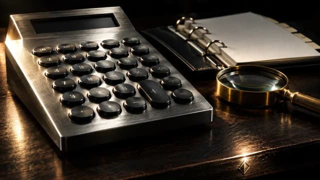 Tischrechner aus Metall neben einem aufgeschlagenen Aktenordner und einer Messinglupe auf dunkler Holzplatte, rautenfoermiges Symbol in die Tischkante graviert