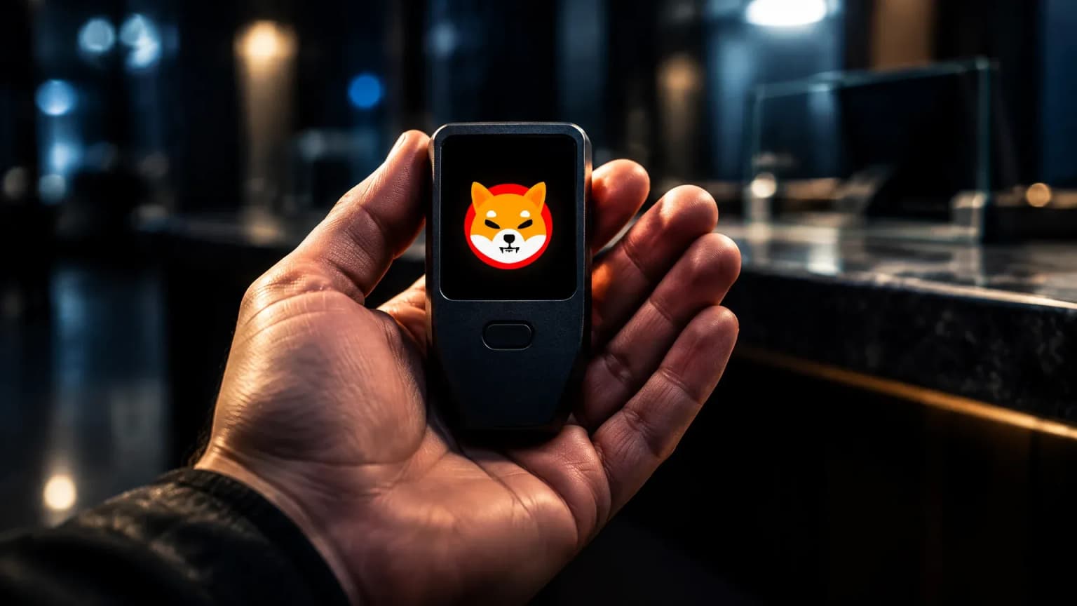 Markenlose Hardware-Wallet aufrecht in einer geöffneten Handfläche, auf dem kleinen dunklen Display leuchtet das Shiba-Inu-Zeichen, dahinter die unscharfe Theke eines nächtlichen Schalterraums