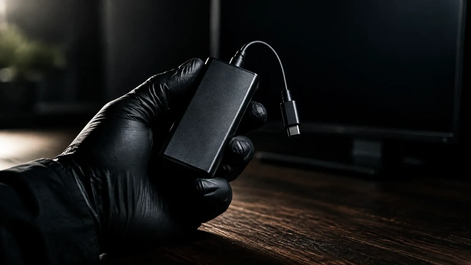 Behandschuhte Hand haelt ein markenloses schwarzes Hardware-Geraet mit kurzem Kabel ueber einer dunklen Holzplatte