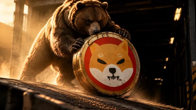 Bär schiebt eine große Münze mit dem Shiba-Inu-Zeichen in einen dunklen Tunnel