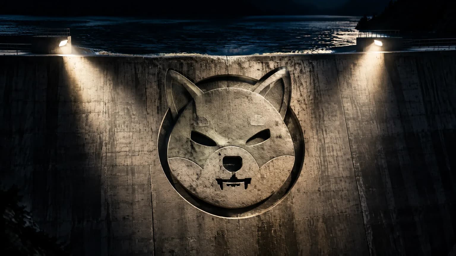 Betonstaumauer bei Nacht mit hoch angestautem Wasser, in die Mauer ist das Shiba-Inu-Zeichen als Relief eingelassen