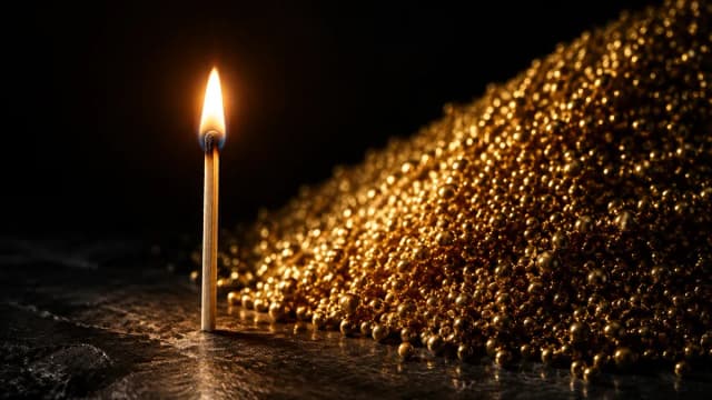 Brennendes Streichholz vor einem großen Haufen winziger goldener Kügelchen