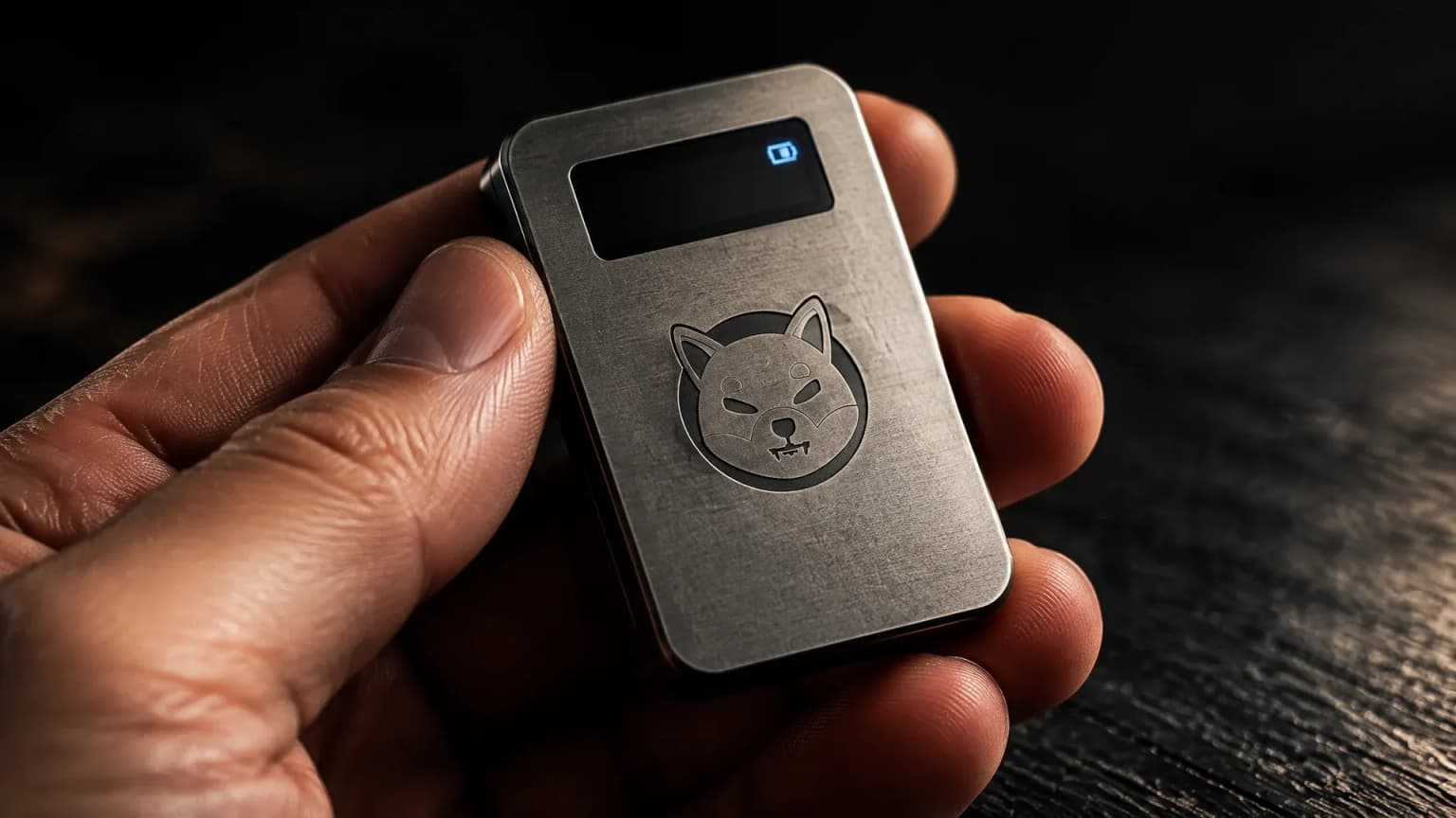 Hand haelt ein kleines Metallgehaeuse mit winzigem Display, in den Deckel ist das Shiba-Inu-Zeichen gepraegt