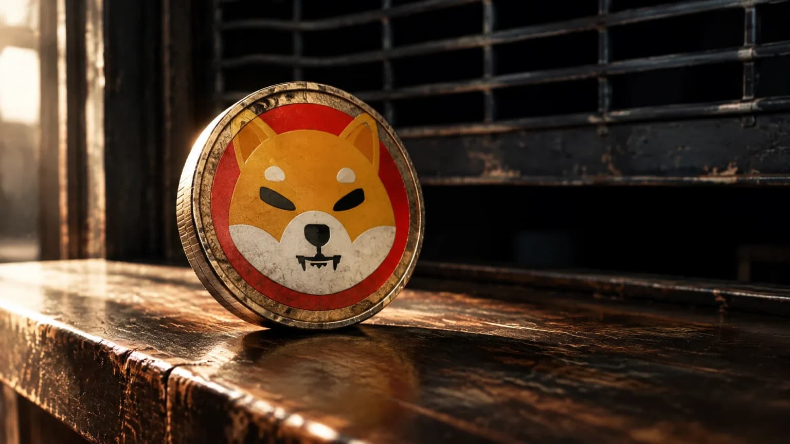 Schwere Metallmünze mit dem Shiba-Inu-Zeichen auf der Holztheke eines geschlossenen Wechselschalters, dahinter ein heruntergelassenes Rollgitter