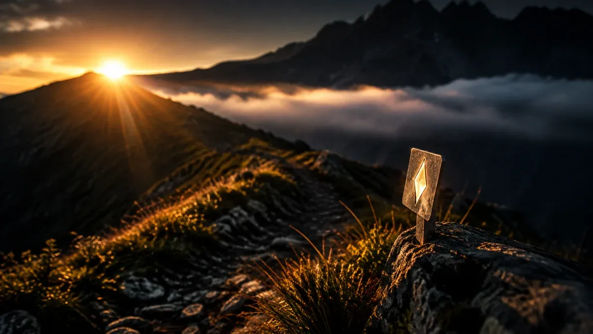 Gebirgsgrat im ersten Sonnenlicht über einem Hochnebelband, eingravierter Lichtreflex auf einer Metallplatte am Wegrand