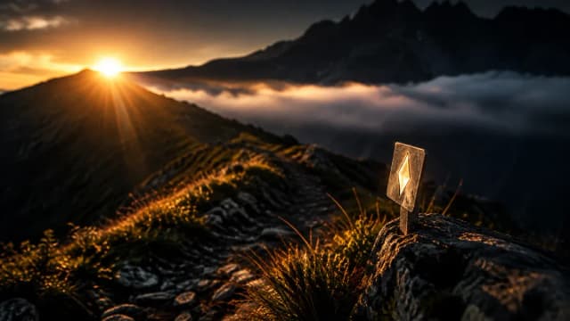 Gebirgsgrat im ersten Sonnenlicht ueber einem Hochnebelband, eingravierter Lichtreflex auf einer Metallplatte am Wegrand