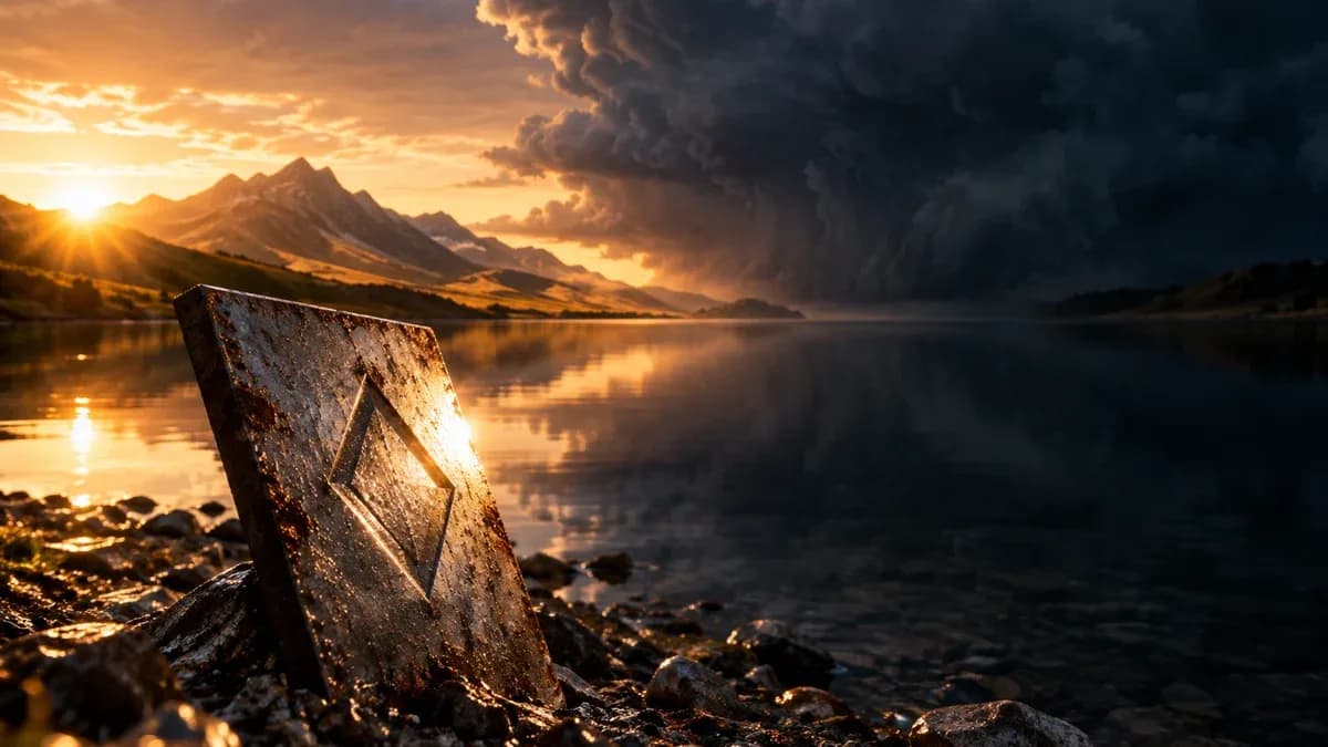 Aufziehende dunkle Wolkenwand ueber einem ruhigen Bergsee im Sonnenaufgang, am Ufer eine verwitterte Metallplatte mit eingepraegtem rautenfoermigem Symbol
