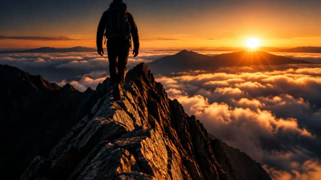 Silhouette eines Bergsteigers beim Schritt ueber eine Felskante, Sonnenaufgang ueber einem Wolkenmeer im Hintergrund