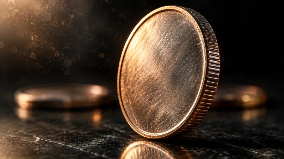 Schwere Metallmünze in Makroaufnahme auf dunkler Steinplatte, zwei weitere Münzen unscharf im Hintergrund